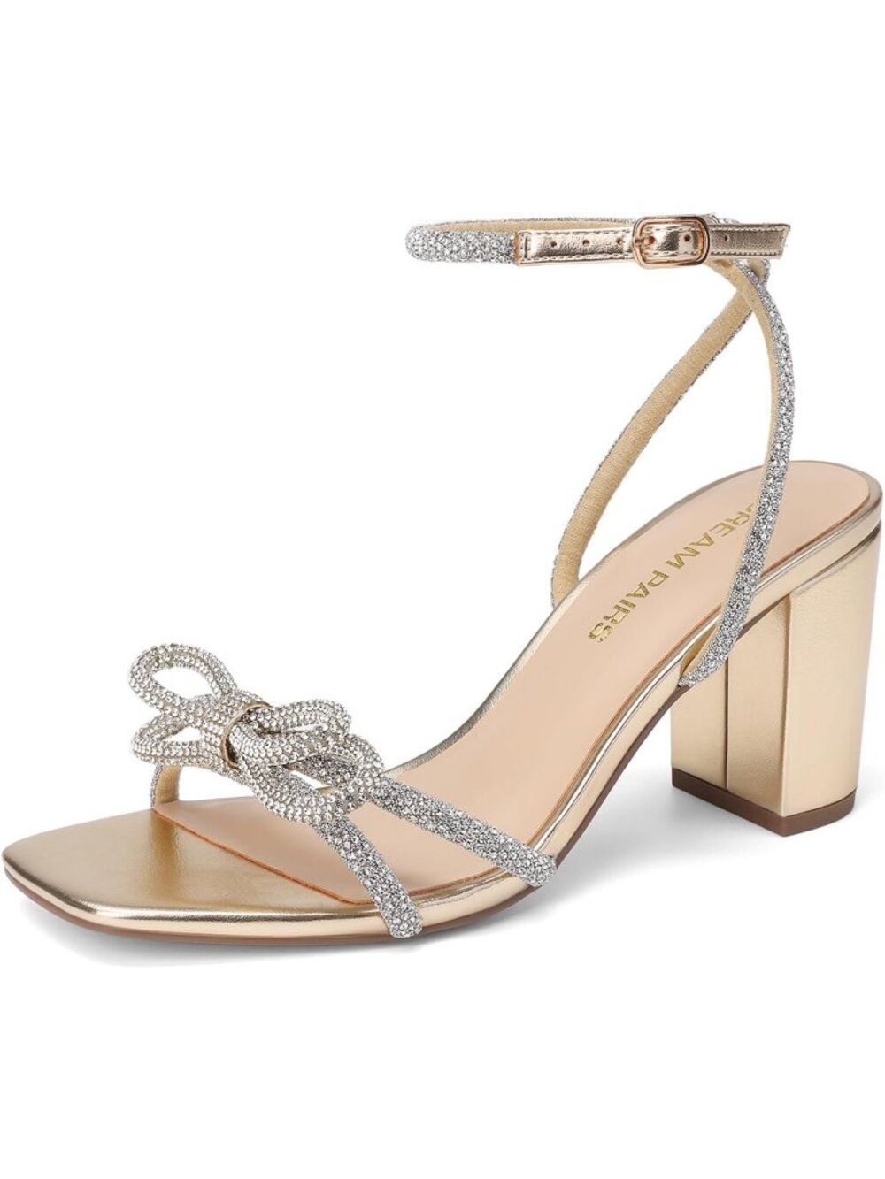Women's Light Gold Bow Knot Chunky Block Square Toe Slingback Heels Sandals